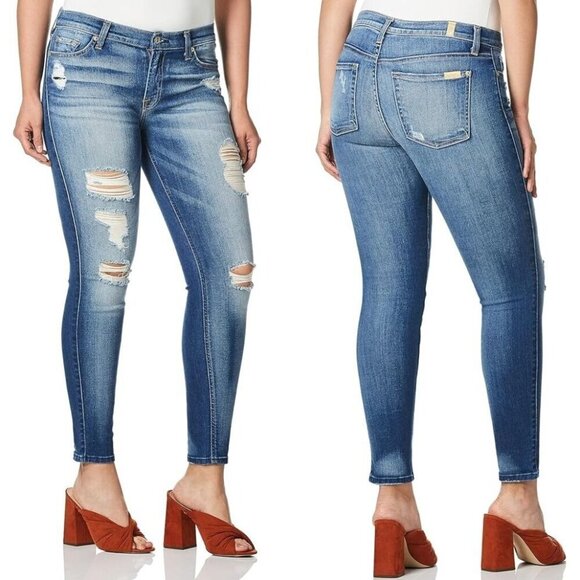 7 For All Mankind Jeans Women 27 Medium Wash‎ Denim Distressed The Ankle Skinny - Picture 1 of 11